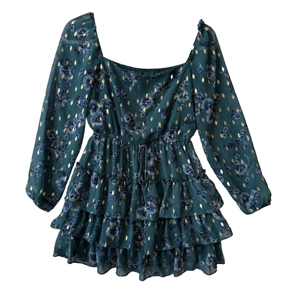 City Studio Sheer Tiered Ruffle Teal Gold Foil Dress Women's XS Fairy Boho Party
